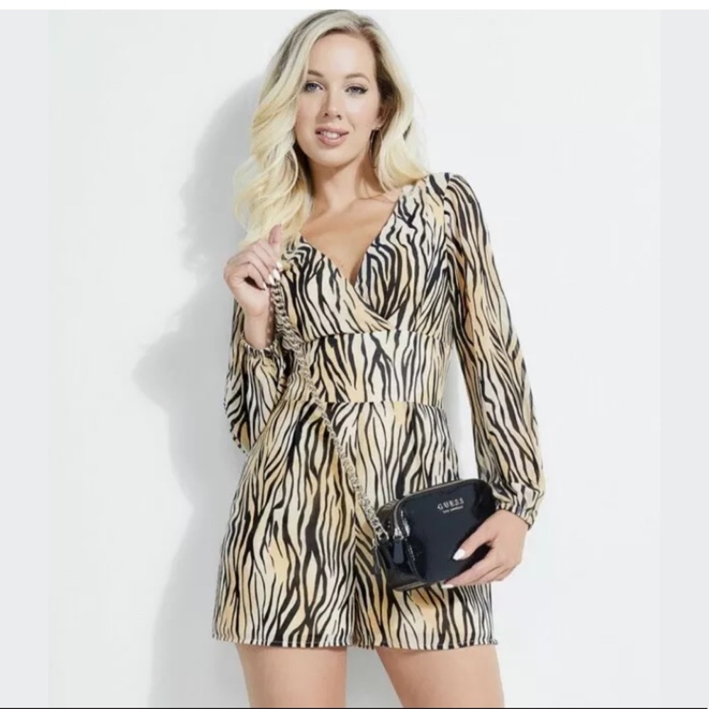 New Guess Darcey Zebra Animal Print Wrap Style Romper 0 XS